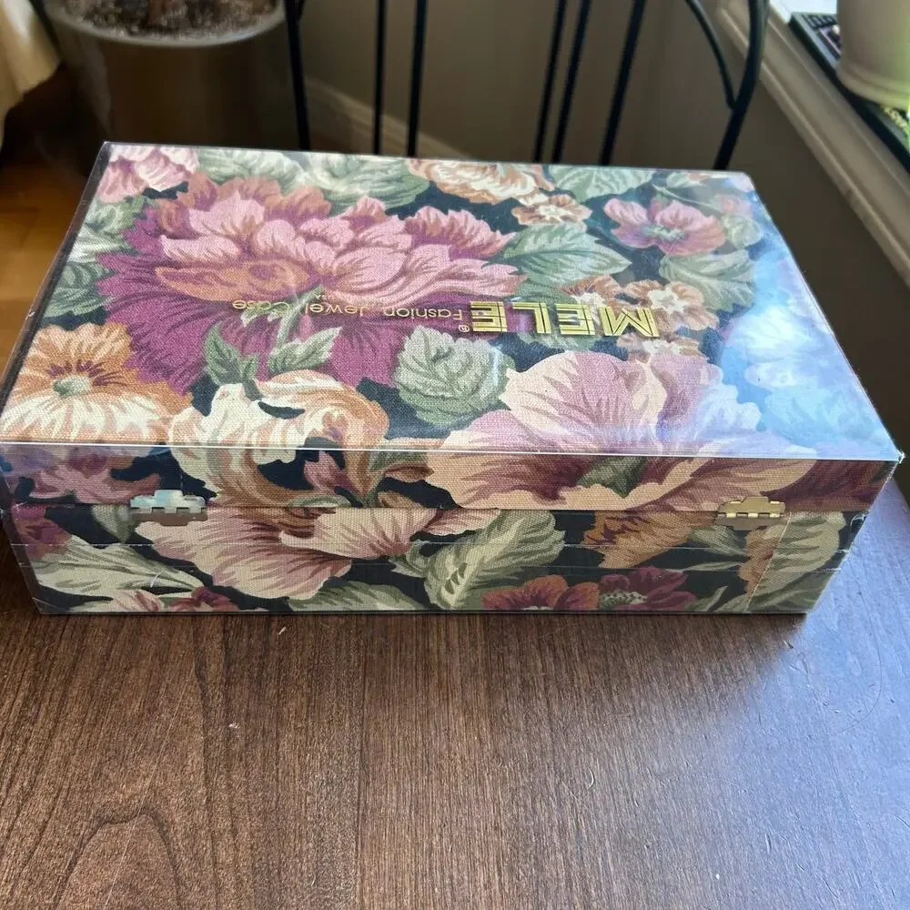 New! Mele Vintage Jewelry Box Pink Floral Fabric covered
